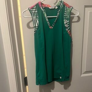 Green Sleeveless Top with Tropical Print Accents